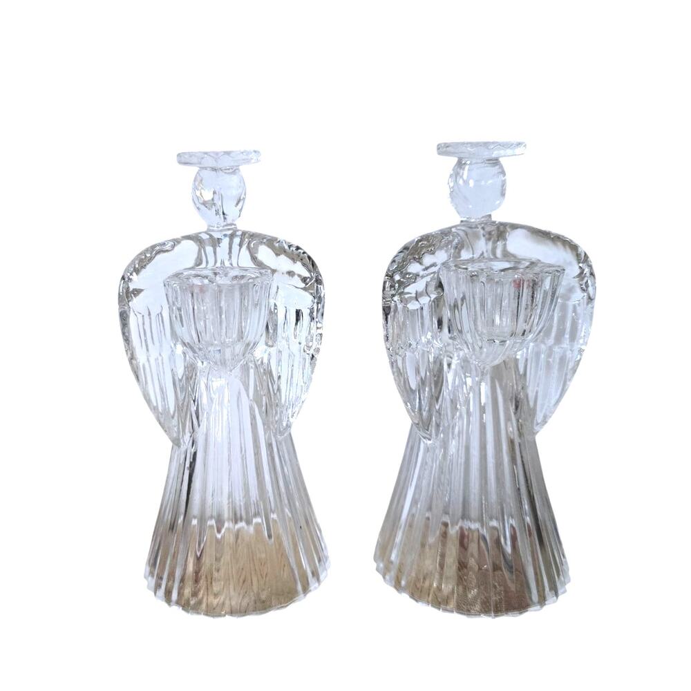 Vintage Pair of Glass Angel Candle Holders Fluted Skirt Christmas 7" Tall